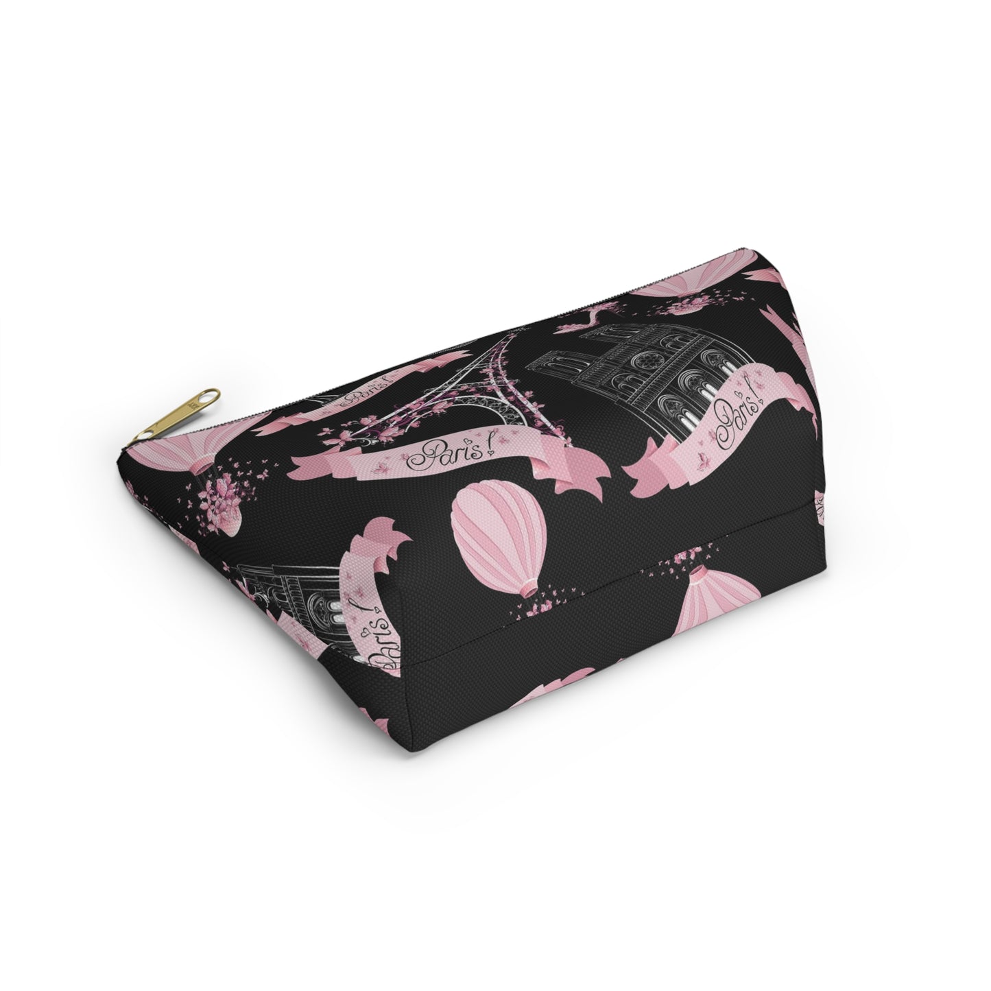 Whimsy in Paris Cosmetic Pouch w T-bottom, Accessory Pouch - Pink and Black Eiffel Tower Paris France Pouch