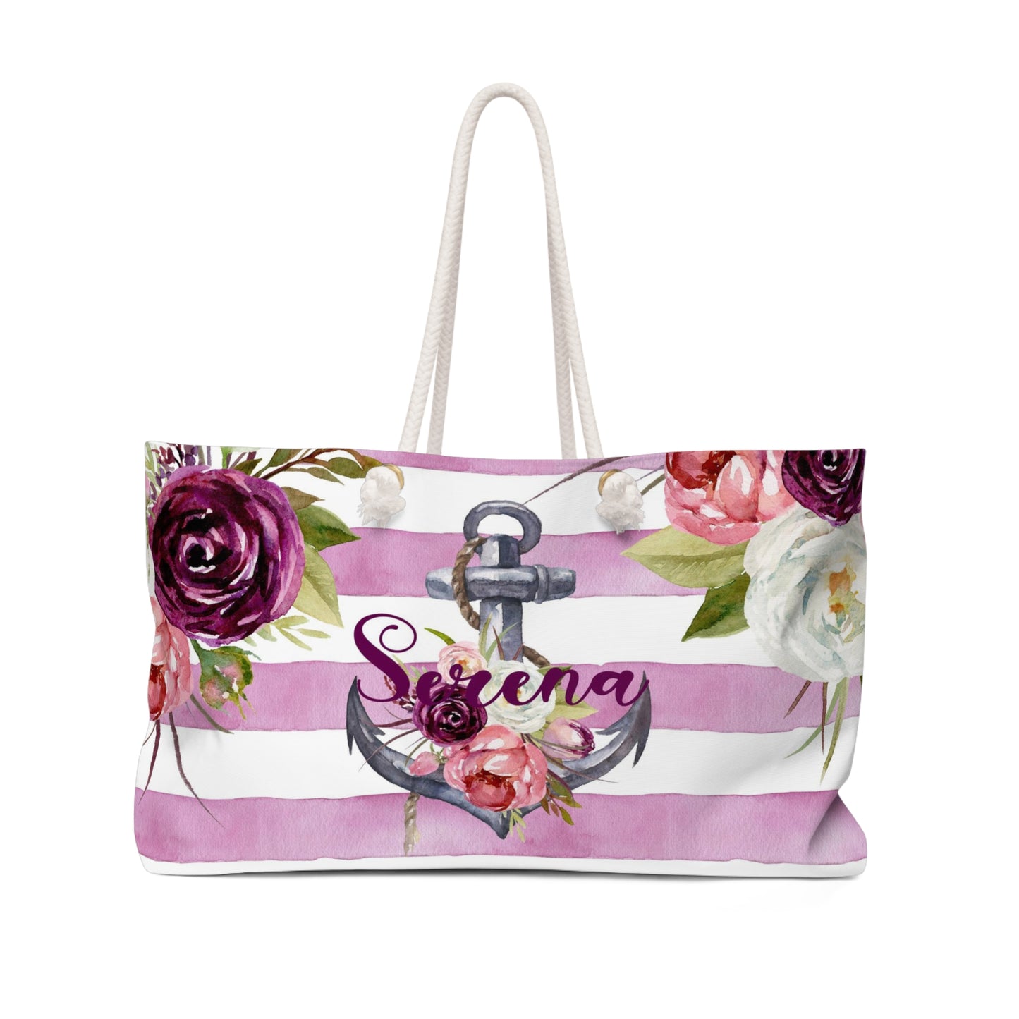 Personalized Anchor Beach Bag - Weekender Bag, Rope Tote - Pink and Purple Anchor Stripe Tote Bag