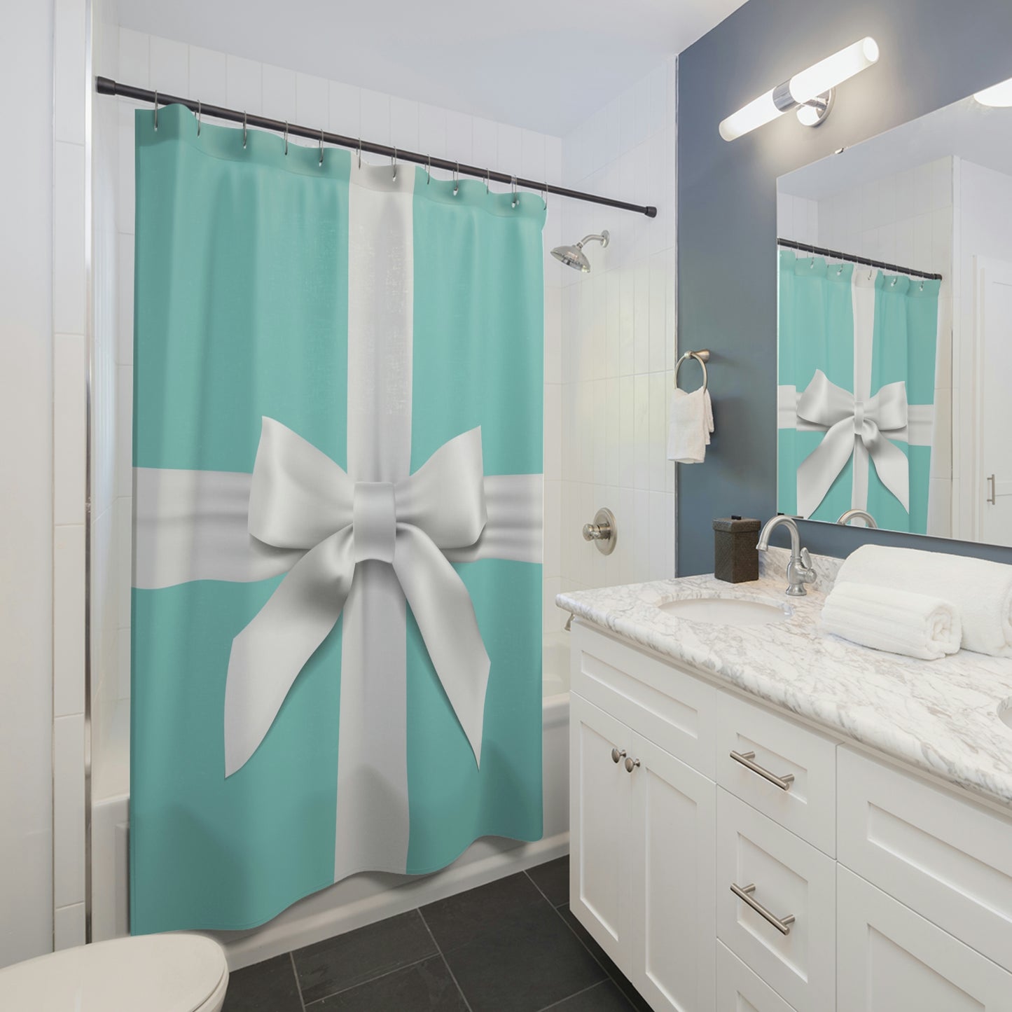 Personalized Little Blue Box Shower Curtain - Your Name & Co. - Breakfast at Tiffany Inspired Bath Curtain