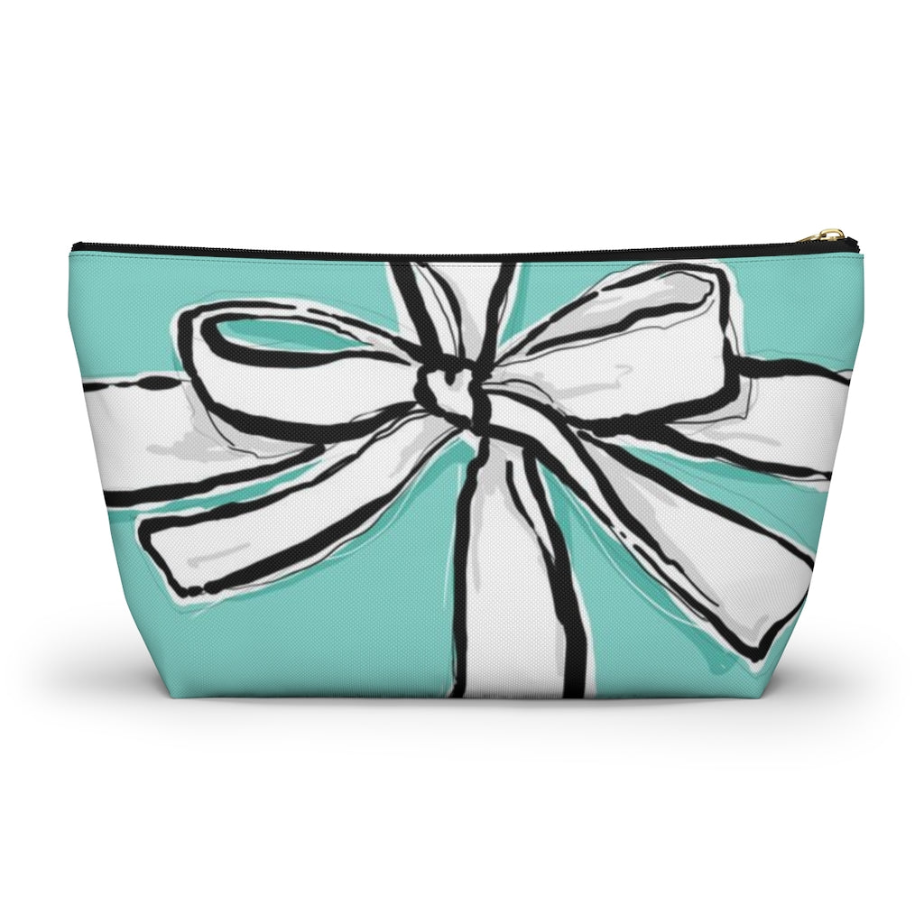 Blue Green Bow Cosmetic Pouch w T-bottom, Accessory Pouch, Breakfast at Tiffany