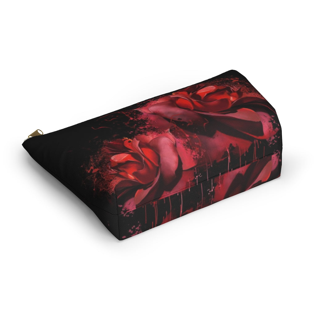 Painted Rose Cosmetic Pouch w T-bottom, Accessory Pouch, Red