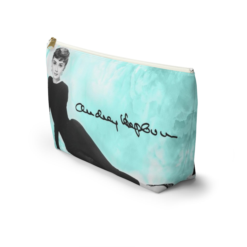 Audrey Hepburn Signature Cosmetic Pouch w T-bottom, Accessory Pouch, Blue Green