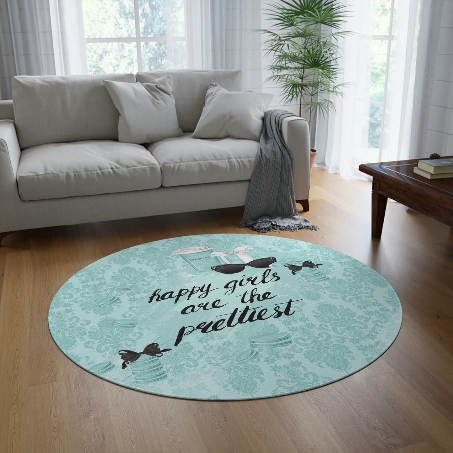 Breakfast at Tiffany Round Chenille Round Rug - 60 Inch Floor Mat - Custom and Personalized Rug - Happy Girls are the Prettiest