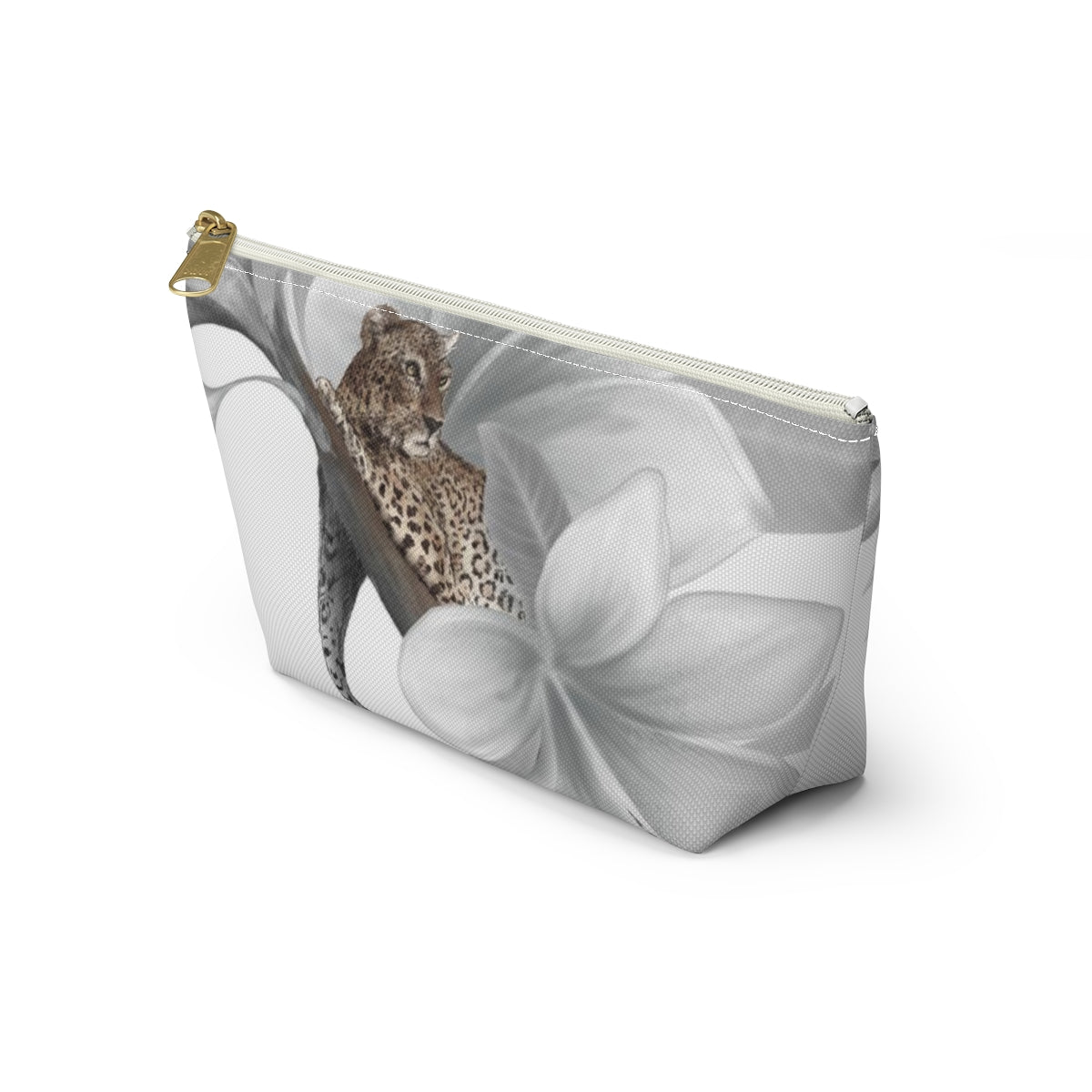 Leopard Cosmetic Pouch w T-bottom, Accessory Pouch - Leopard White Plumeria