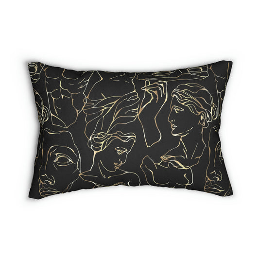 Greek Bust Lumbar Pillow - Black and Gold-tone Greek God Decorative Throw Pillow with Removable Cover = Rectangle Back Pillow