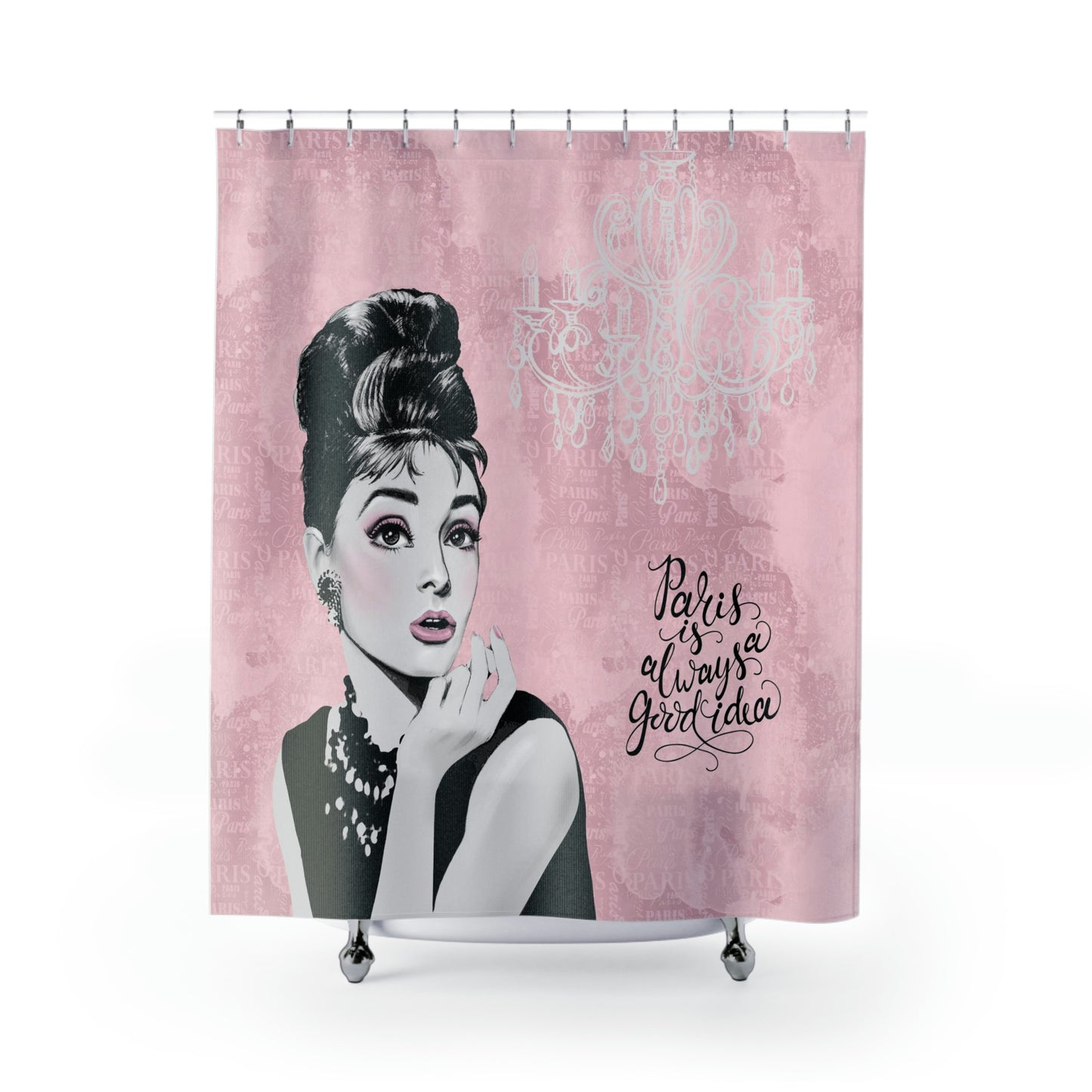 Audrey Hepburn Shower Curtain - Pink Paris Shower Curtain - Paris is Always a Good Idea Bathroom Curtain