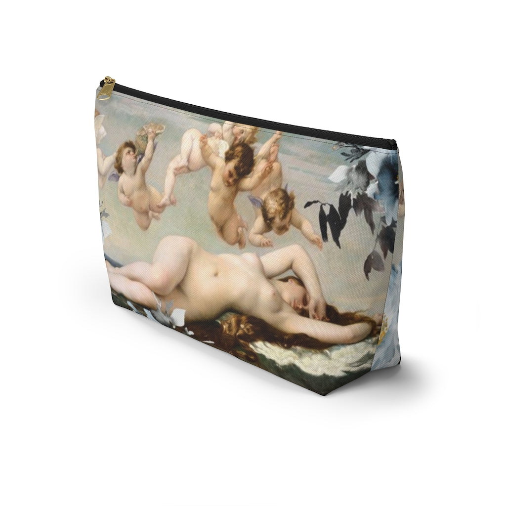 Venus Floral Cosmetic Pouch w T-bottom, Accessory Pouch, Blue