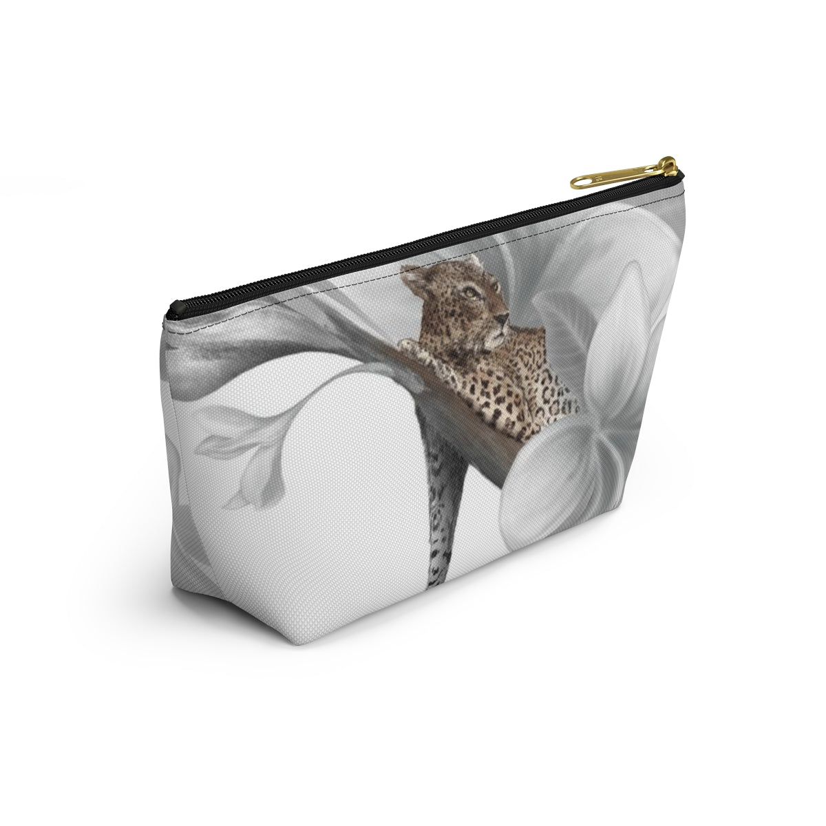 Leopard Cosmetic Pouch w T-bottom, Accessory Pouch - Leopard White Plumeria