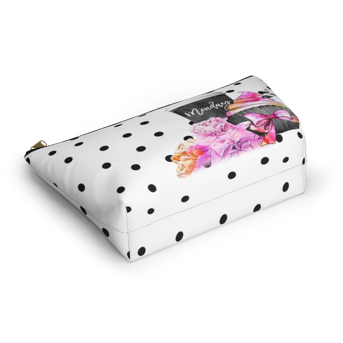 Personalized Coffee Monday Cosmetic Pouch w T-bottom, Accessory Pouch, Pink Cupcake Polka Dot