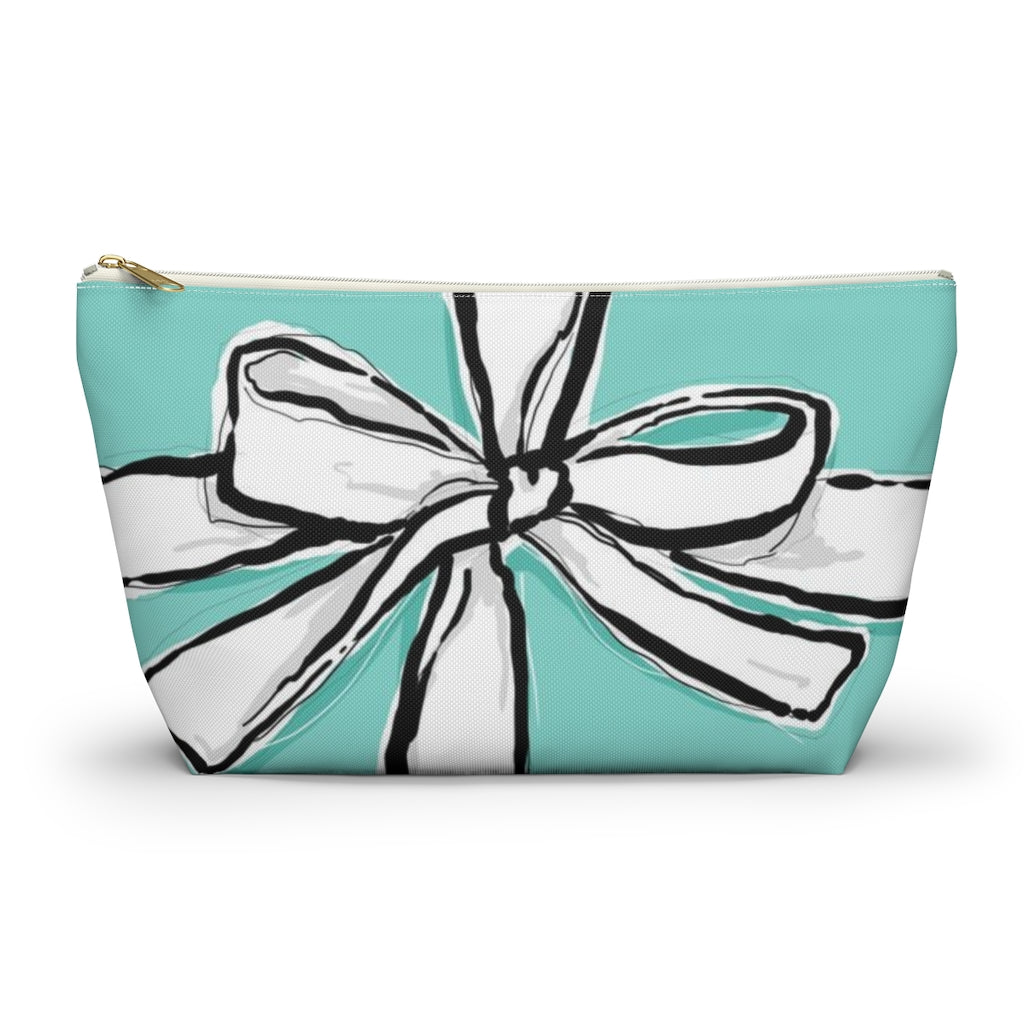 Blue Green Bow Cosmetic Pouch w T-bottom, Accessory Pouch, Breakfast at Tiffany