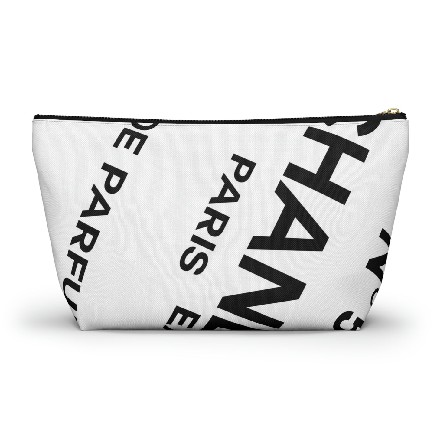 Perfume Label Cosmetic Pouch w T-bottom, Black on White Accessory Pouch - Custom Designer Paris Makeup Bag