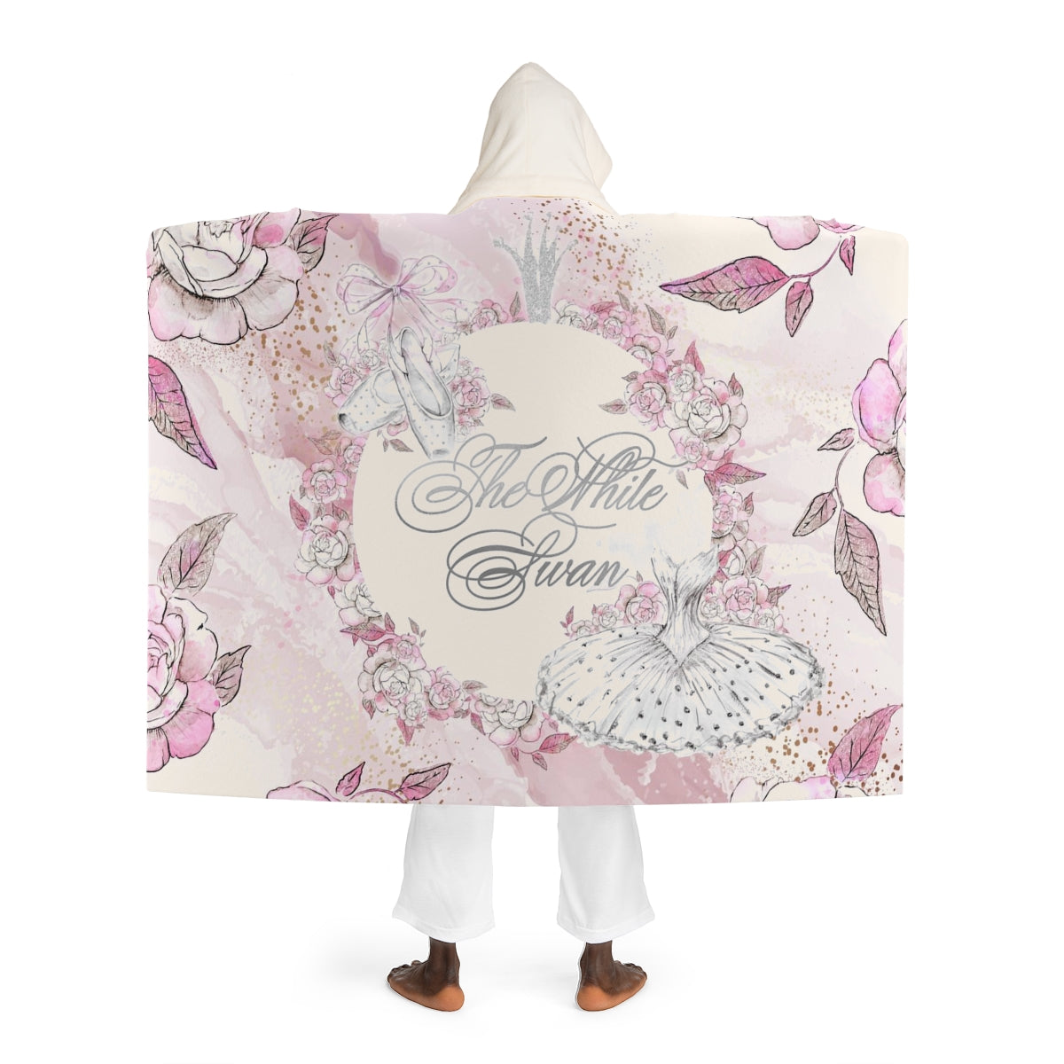 Ballet Hooded Sherpa Fleece Blanket, Hooded Shrug - Pink Peony Ballerina White Swan