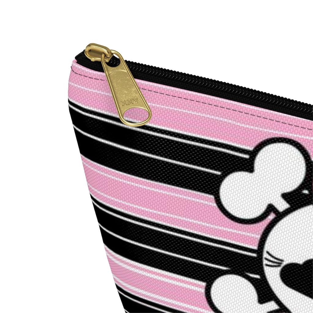 Candy Skull Cosmetic Pouch w T-bottom, Accessory Pouch, Pink Black Stripe