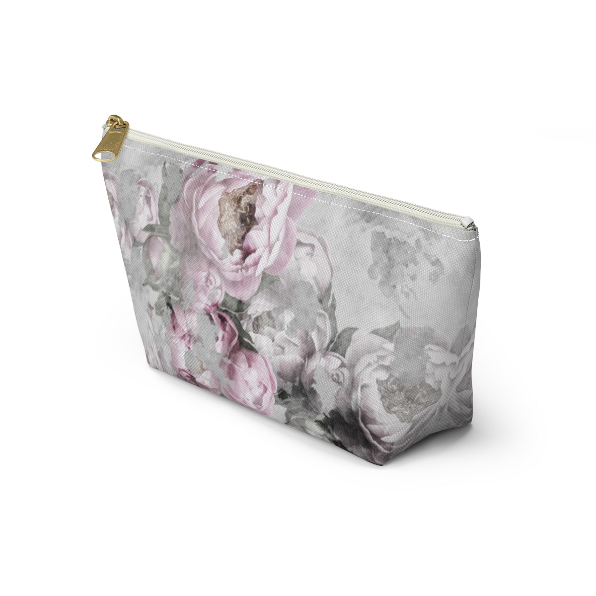 Peony Cosmetic Pouch w T-bottom, Accessory Pouch, Antiqued Pink and Grey