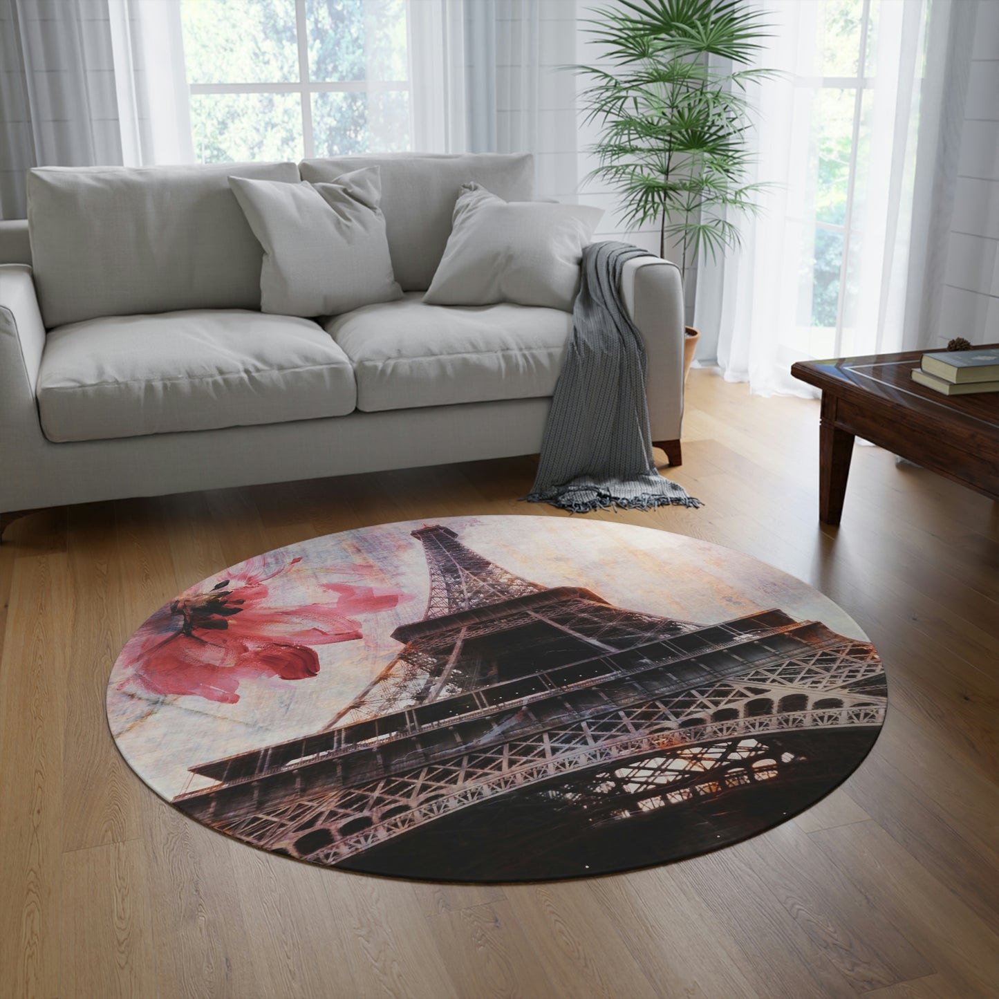 Eiffel Tower Round Chenille Round Rug - 60 Inch Floor Mat - Custom and Personalized Rug - Abstract Paris Red Flower