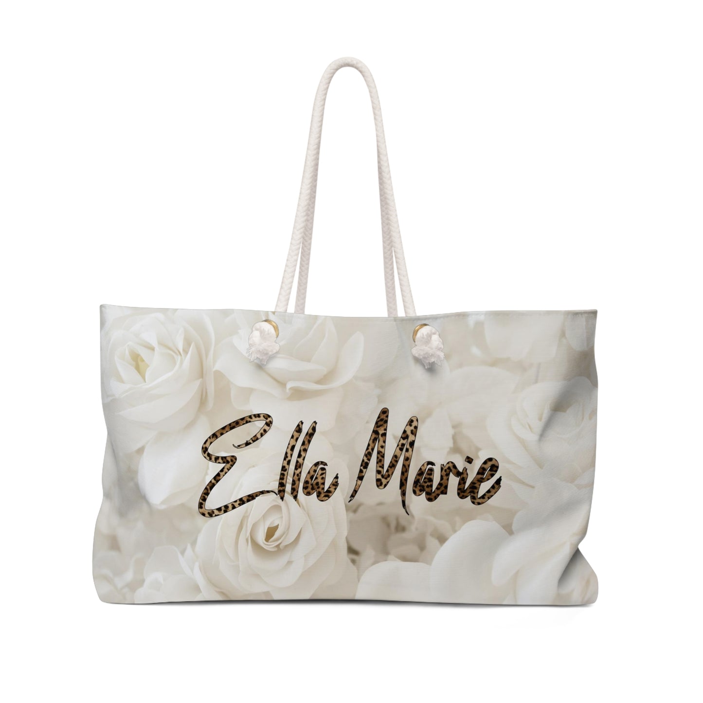 Cream Rose Tote Bag - Weekender Bag, Rope Tote, Off White Roses Leopard Print