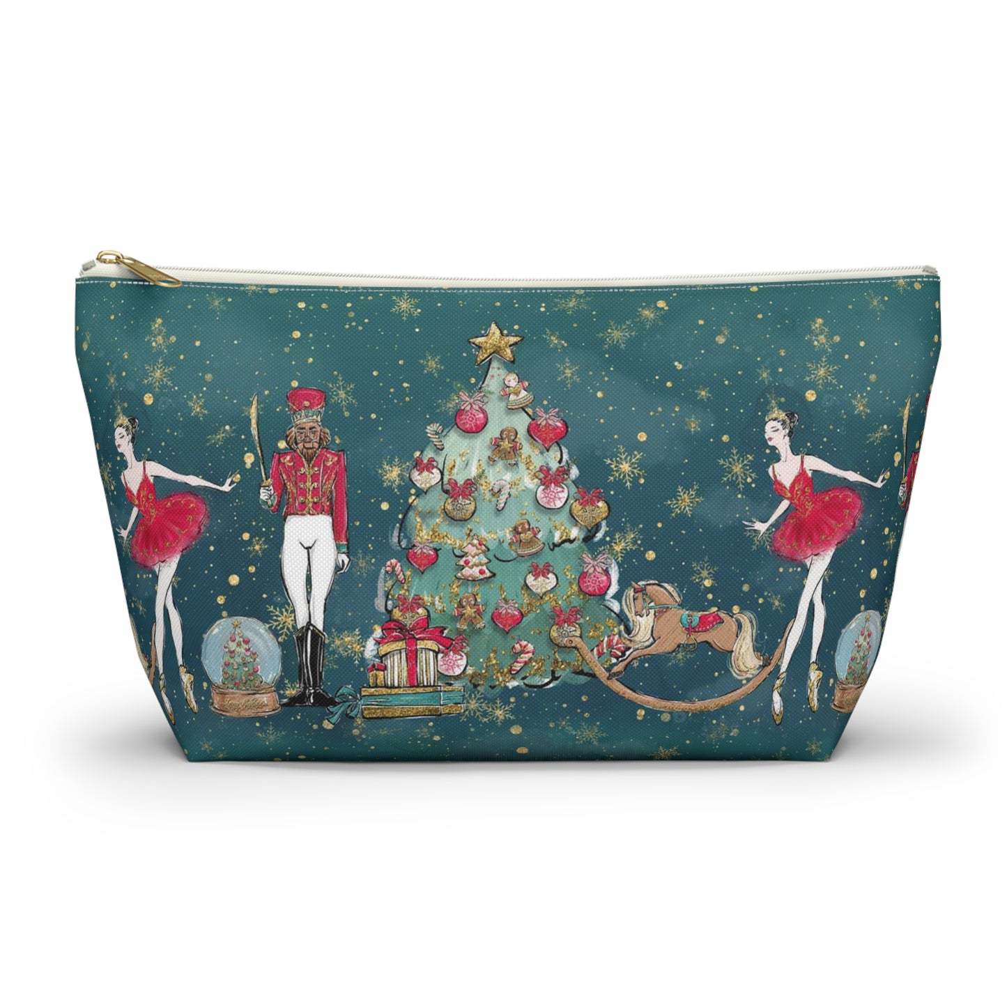 Nutcracker Ballet Cosmetic Pouch w T-bottom, Accessory Pouch - Emerald Green Nutcracker Ballet Makeup Bag