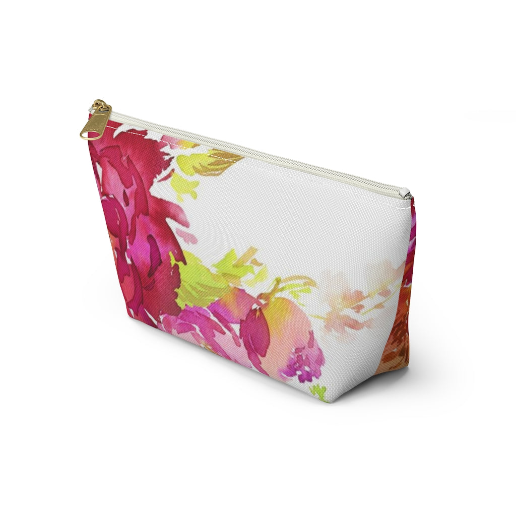 Bright Floral Cosmetic Pouch w T-bottom, Accessory Pouch, Pink