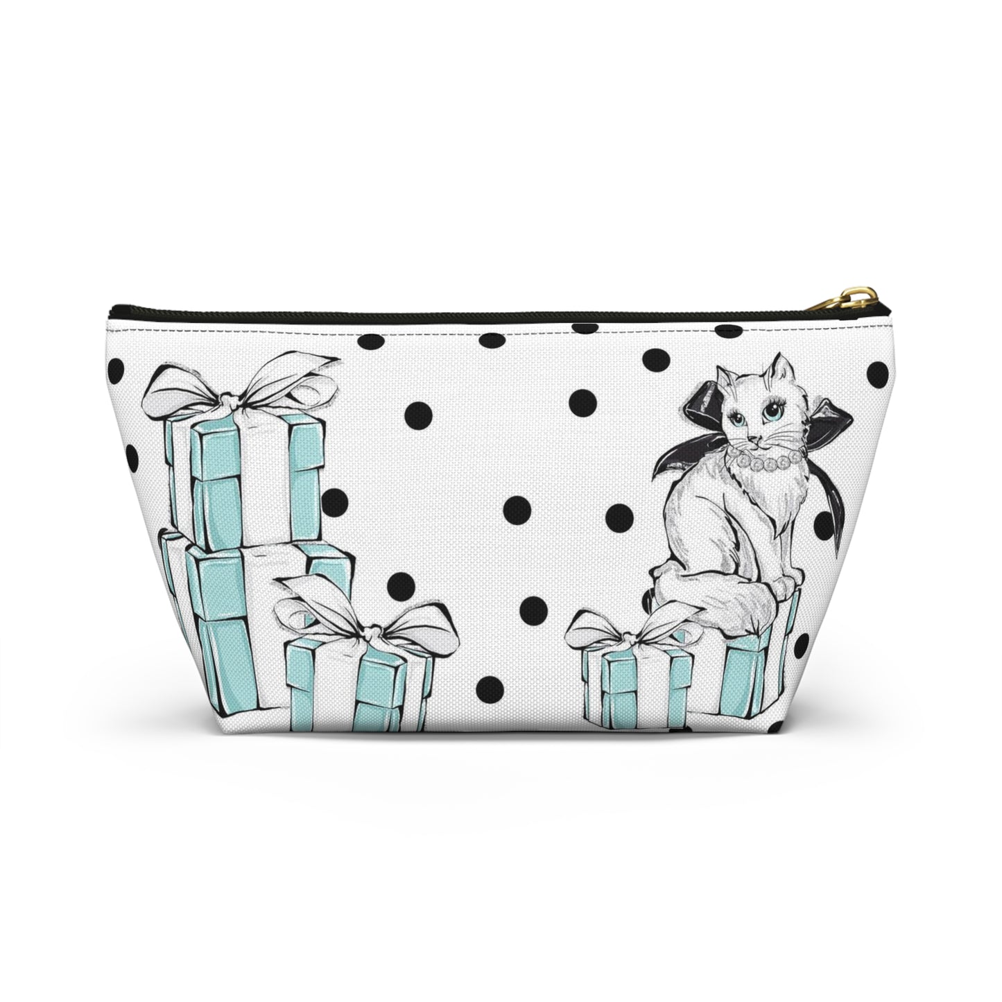 Personalized Kitty Cat Cosmetic Pouch w T-bottom, Accessory Pouch, Cats Polka Dot Breakfast at Tiffany