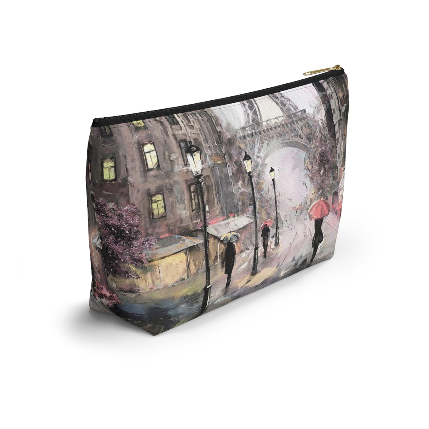 Eiffel Tower Cosmetic Pouch w T-bottom, Accessory Pouch - Pastel Rain in Paris