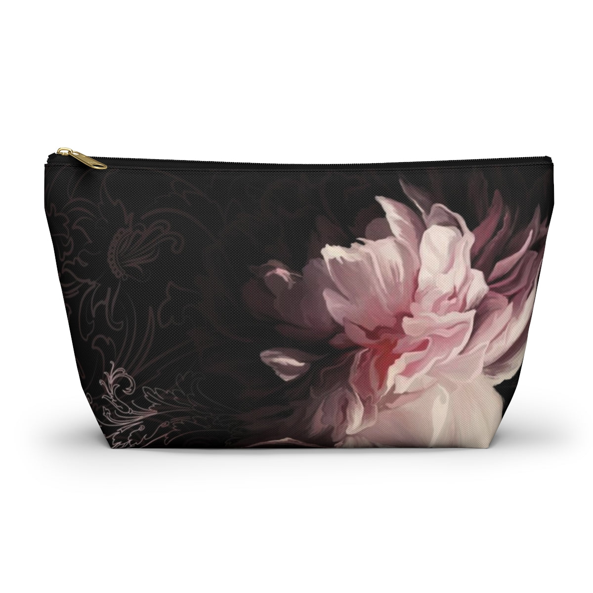 Peony Cosmetic Pouch w T-bottom, Accessory Pouch, Pink Scroll