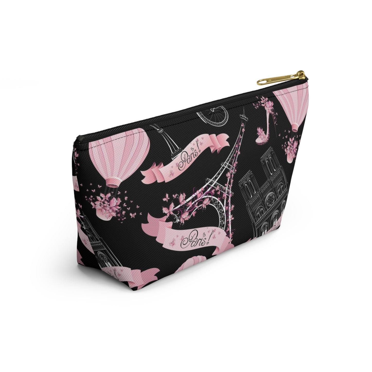 Whimsy in Paris Cosmetic Pouch w T-bottom, Accessory Pouch - Pink and Black Eiffel Tower Paris France Pouch