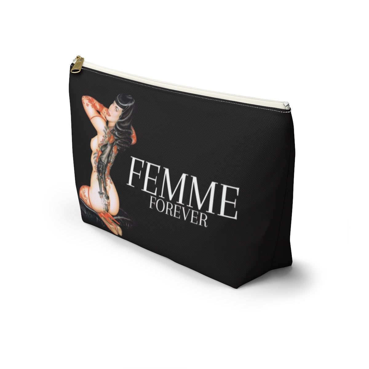 Pinup Girl Cosmetic Pouch w T-bottom, Accessory Pouch - Femme Forever Black Cat Tattoo Pinup Girl