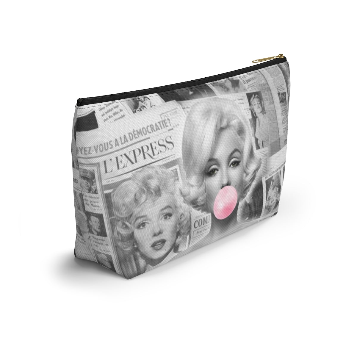 Marilyn Monroe Cosmetic Pouch w T-bottom, Accessory Pouch - Marilyn Bubblegum Pink International News Makeup Bag