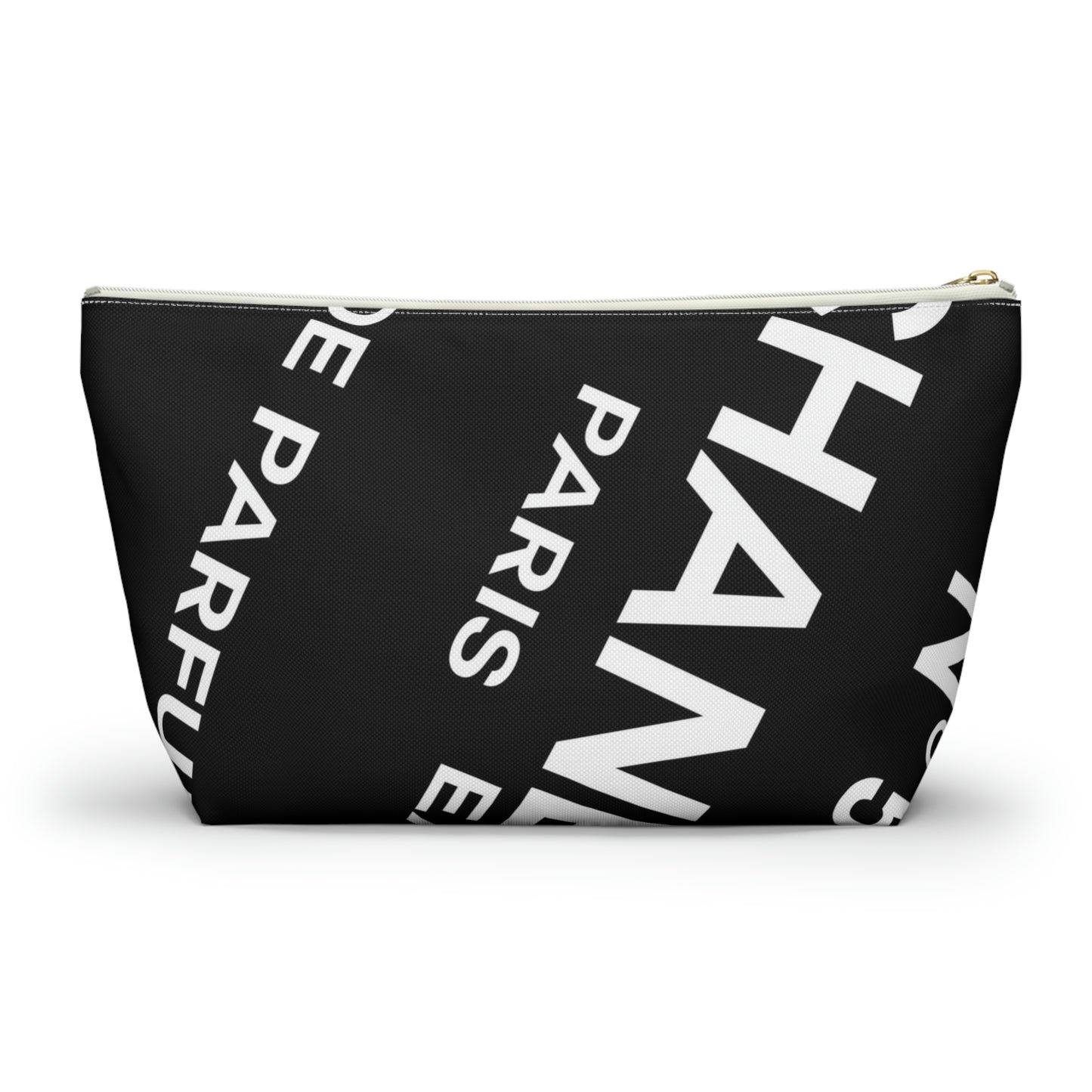 Perfume Label Cosmetic Pouch w T-bottom, White on Black Accessory Pouch - Custom Designer Paris Makeup Bag