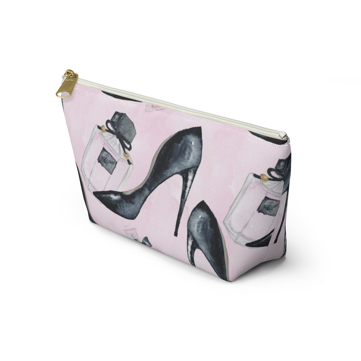 Pink Fashion Pouch w T-bottom, Accessory Pouch - Stilettos and Perfume