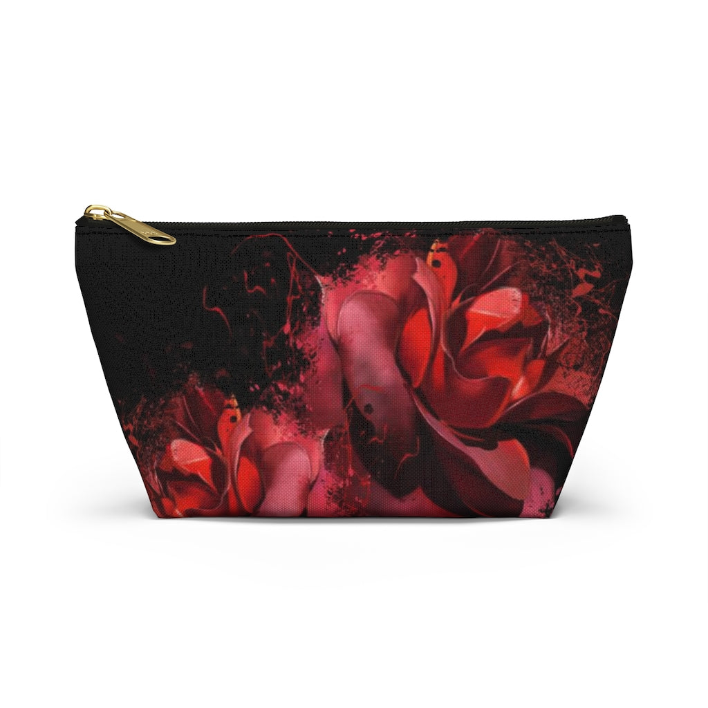 Painted Rose Cosmetic Pouch w T-bottom, Accessory Pouch, Red