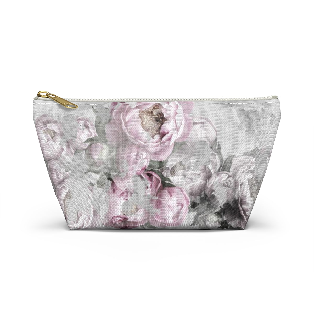 Peony Cosmetic Pouch w T-bottom, Accessory Pouch, Antiqued Pink and Grey