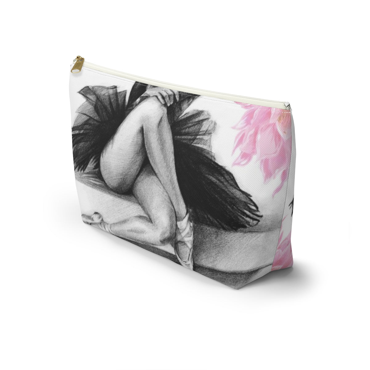 Ballet Cosmetic Pouch w T-bottom, Accessory Pouch, Pink Flowers