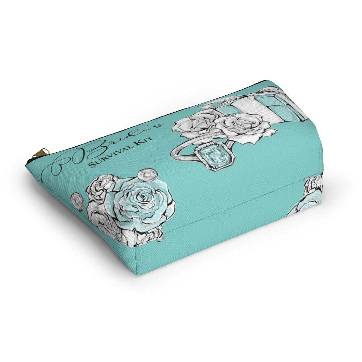 Brides Survival Kit Cosmetic Pouch w T-bottom, Accessory Pouch, Blue Green