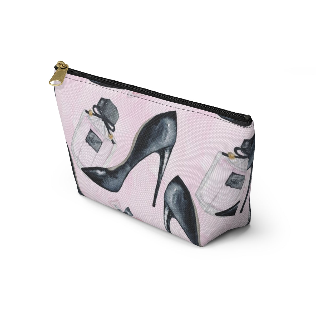 Pink Fashion Pouch w T-bottom, Accessory Pouch - Stilettos and Perfume