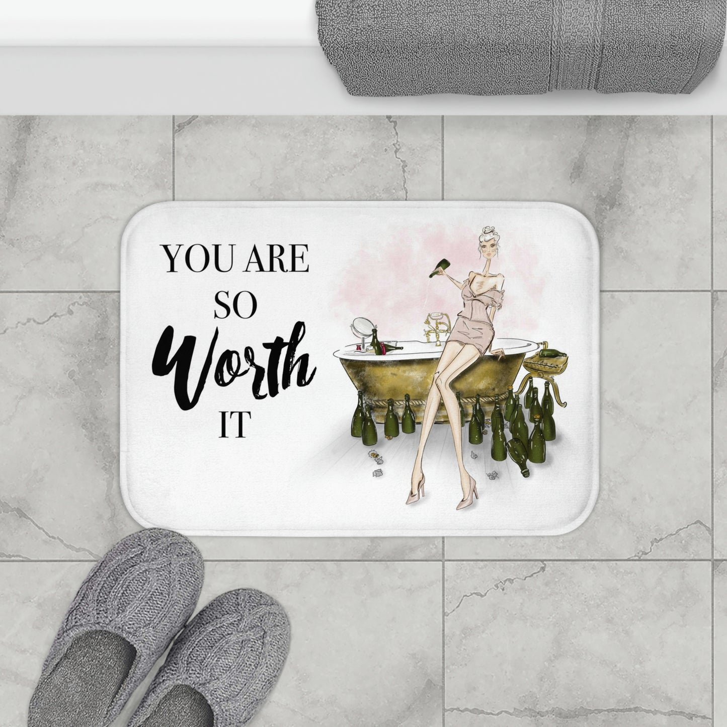 YOU Are So Worth IT Bath Mat - Fashion Girl Floor Mat - Designer Champaign Bubblebath Bathroom Shower Mat