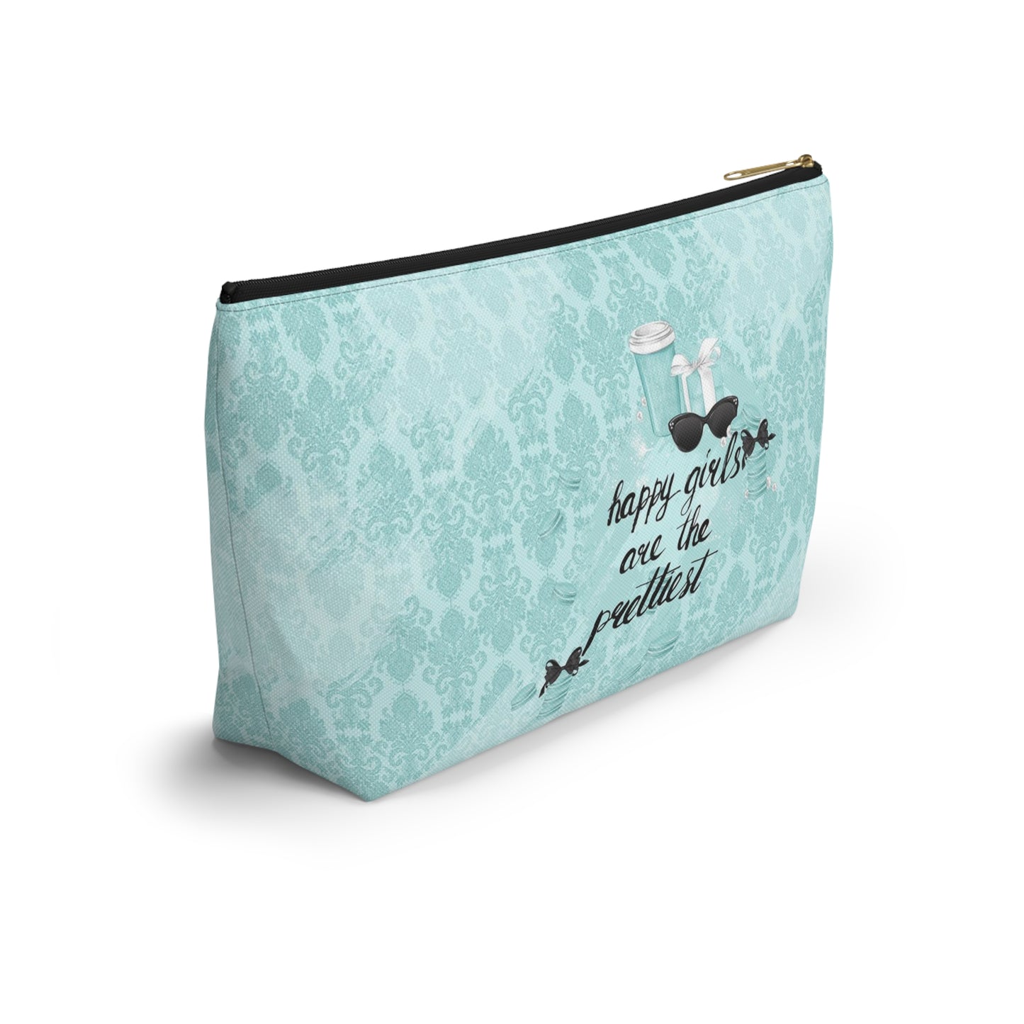 Happy Girls are the Prettiest Cosmetic Pouch w T-bottom, Accessory Pouch, Breakfast at Tiffany