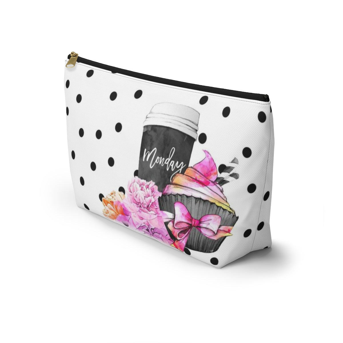 Personalized Coffee Monday Cosmetic Pouch w T-bottom, Accessory Pouch, Pink Cupcake Polka Dot