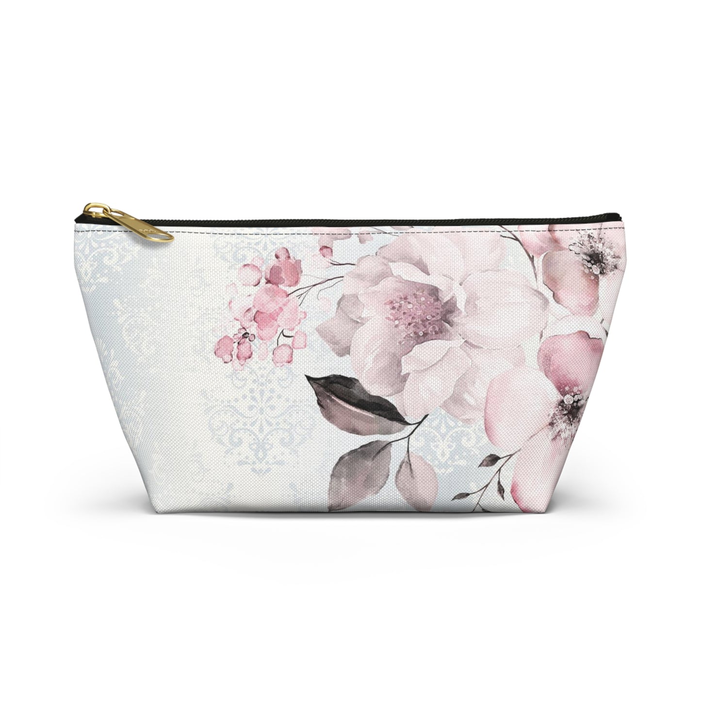 Personalized Pink Flower Damask - Cosmetic Pouch w T-bottom, Accessory Pouch