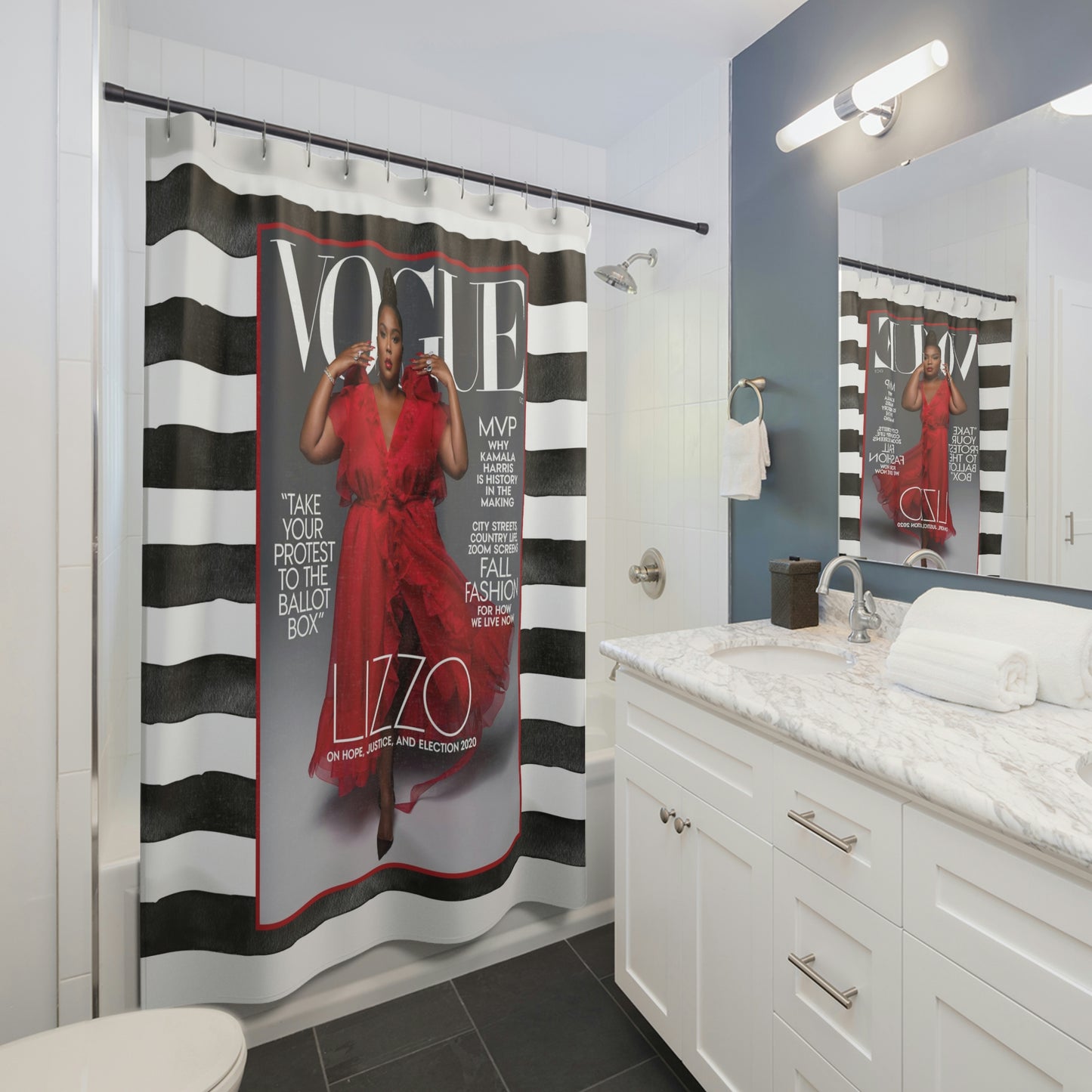 LIZZO Fashion Icon VOGUE Shower Curtain - Fashion Magazine Shower Curtain - Black & White Stripe Diva Bathroom Curtain