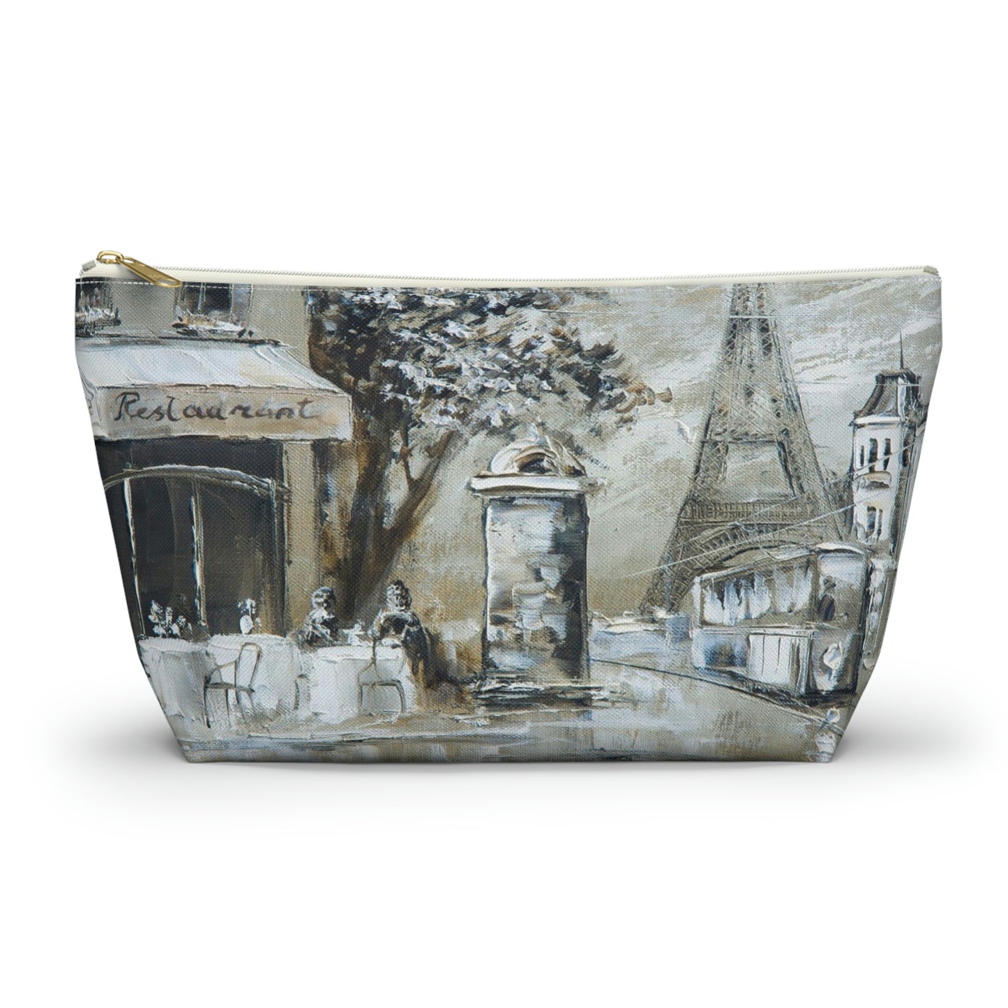 Eiffel Tower Cosmetic Pouch w T-bottom, Accessory Pouch - Cafe in Paris