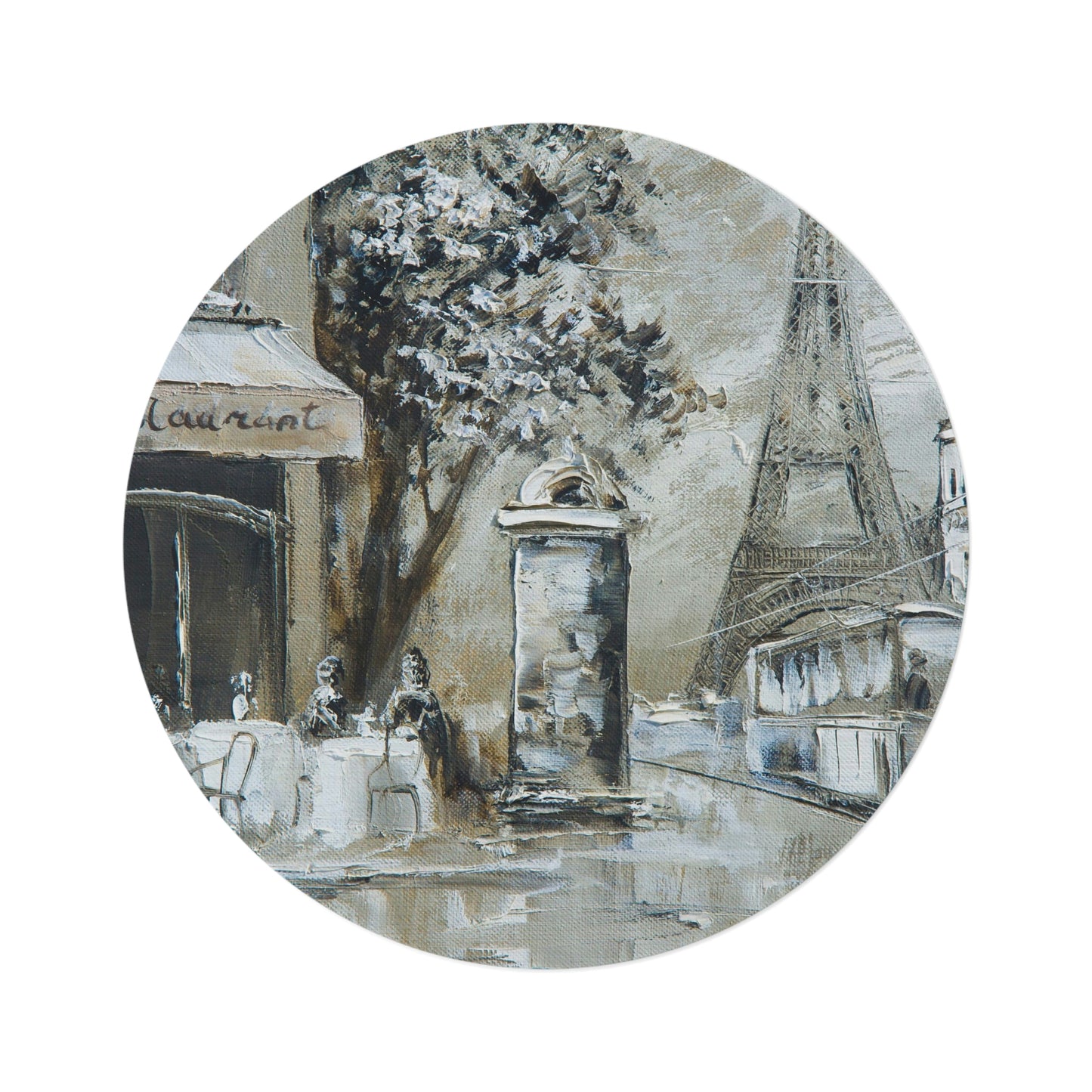 Cafe in Paris Round Chenille Round Rug - 60 Inch Eiffel Towel Floor Mat - French Oil Painting Print