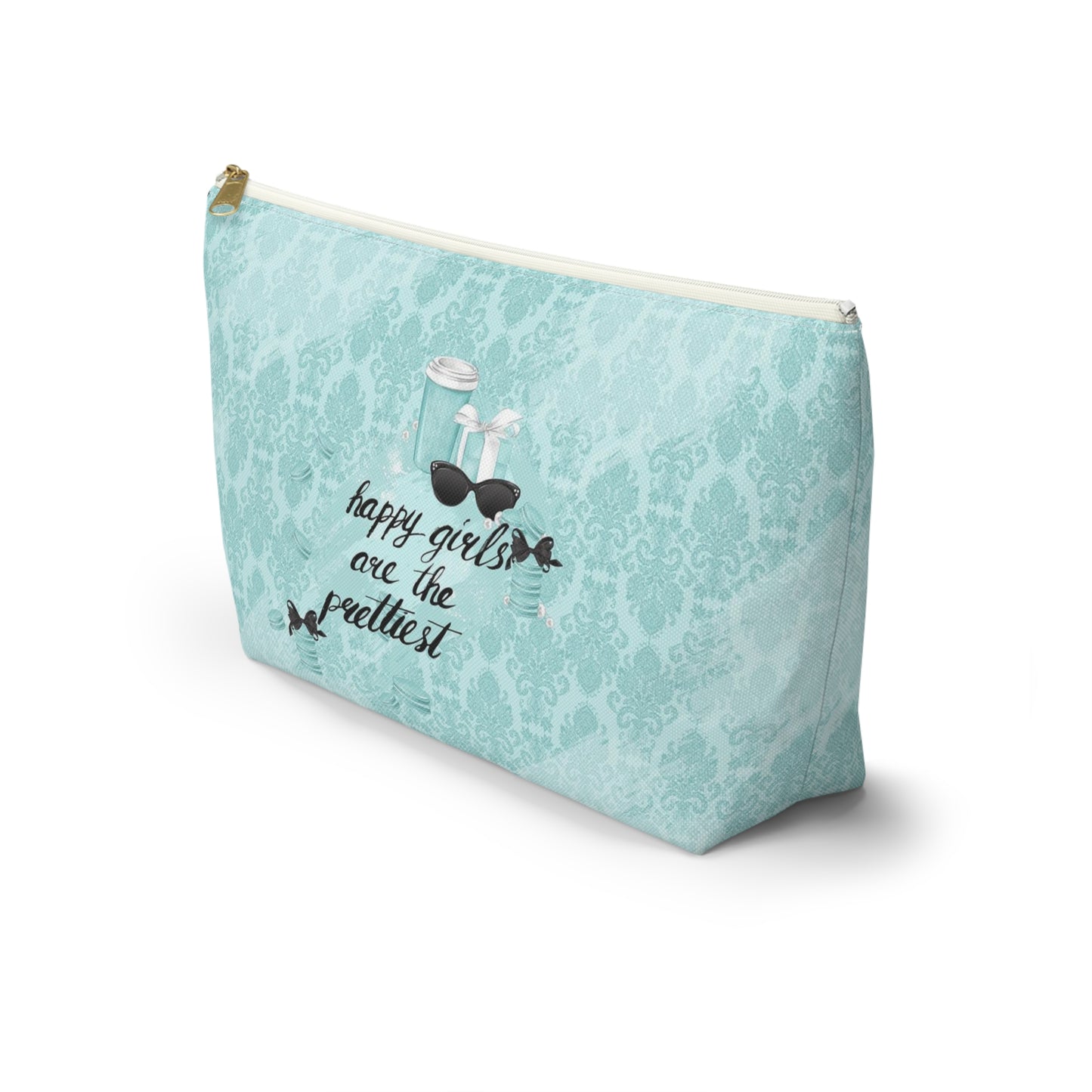 Happy Girls are the Prettiest Cosmetic Pouch w T-bottom, Accessory Pouch, Breakfast at Tiffany