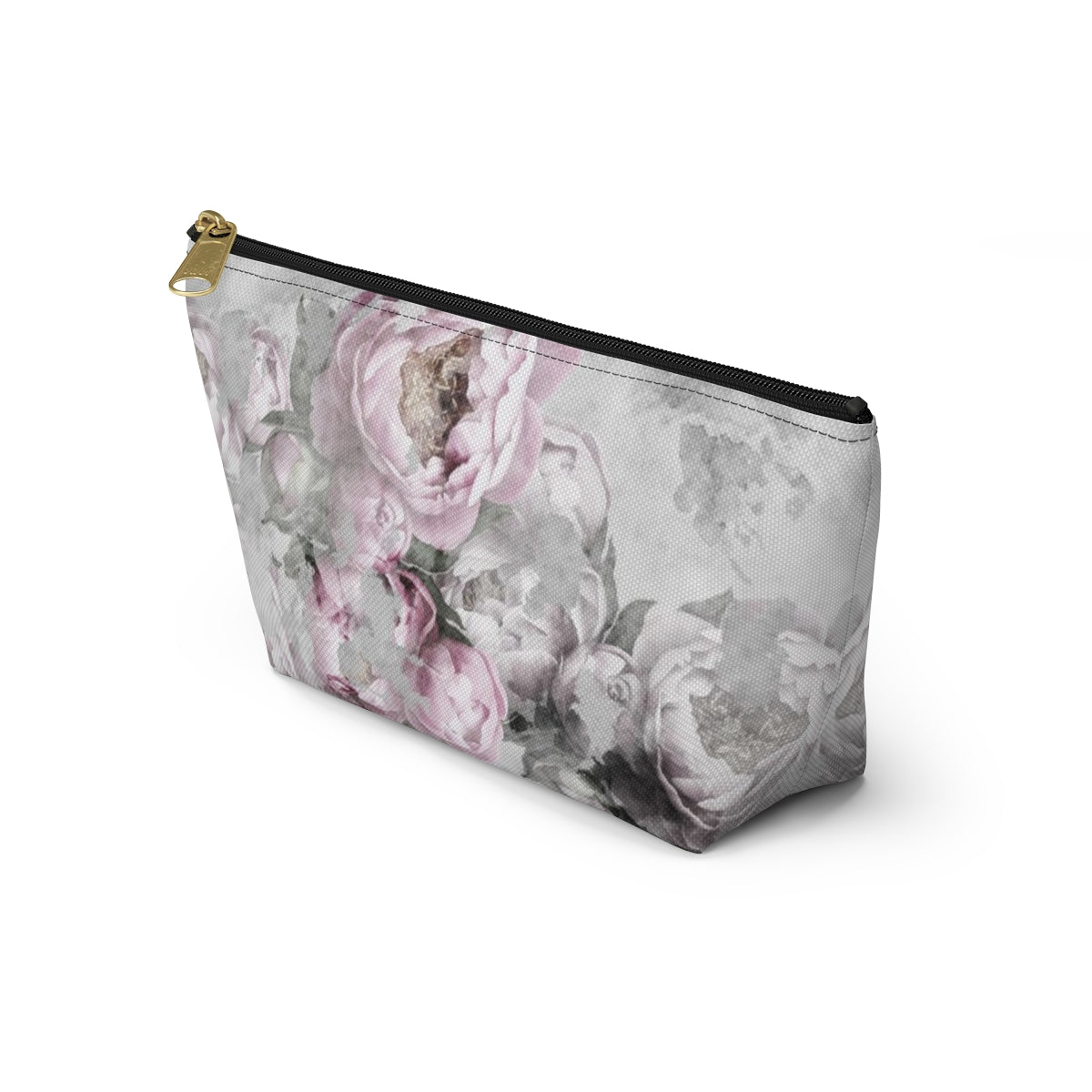 Peony Cosmetic Pouch w T-bottom, Accessory Pouch, Antiqued Pink and Grey