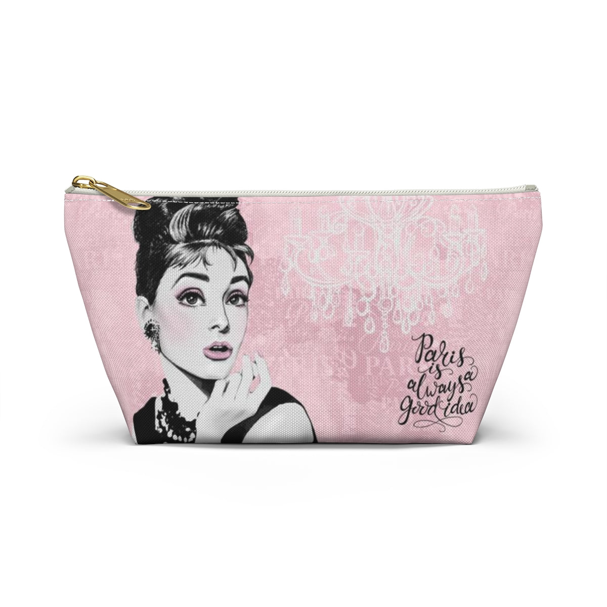 Audrey Hepburn Pouch w T-bottom, Accessory Pouch - Pink Paris is Always a Good Idea Chandelier Bag