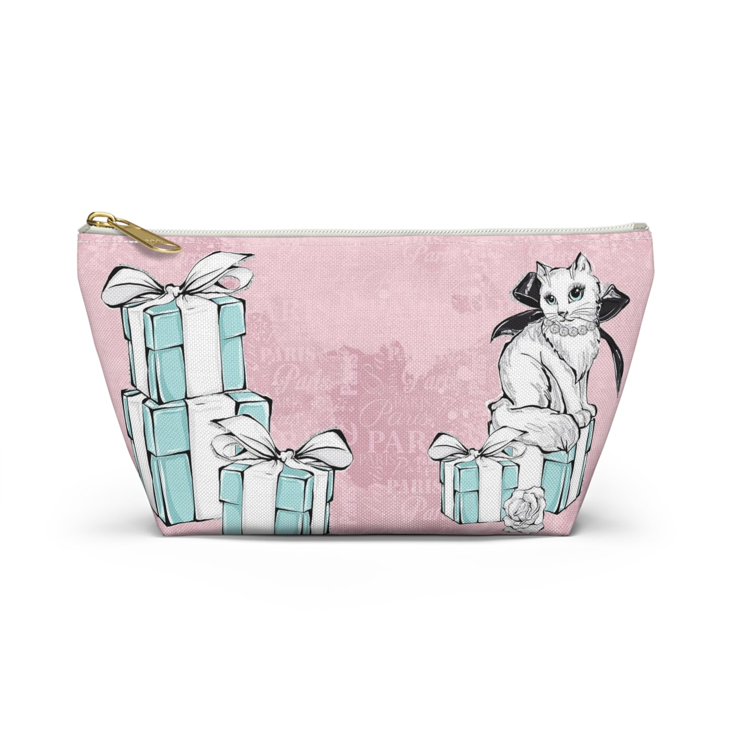 Personalized Kitty Cat Cosmetic Pouch w T-bottom, Accessory Pouch, Cat Lovers Little Blue Gift Box - Paris Pink