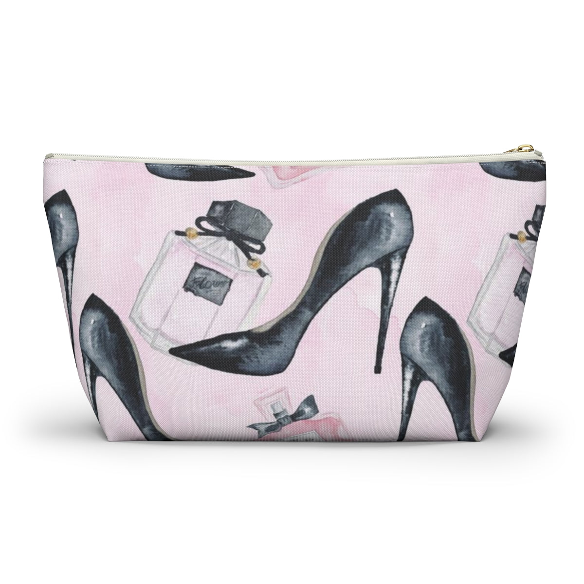 Pink Fashion Pouch w T-bottom, Accessory Pouch - Stilettos and Perfume