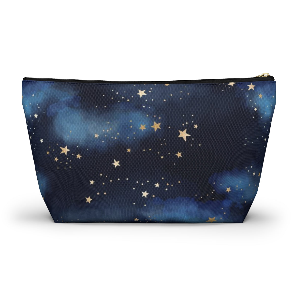 Personalized Starry Night Cosmetic Pouch w T-bottom, Accessory Pouch - Midnight Blue Clouds Gold Stars