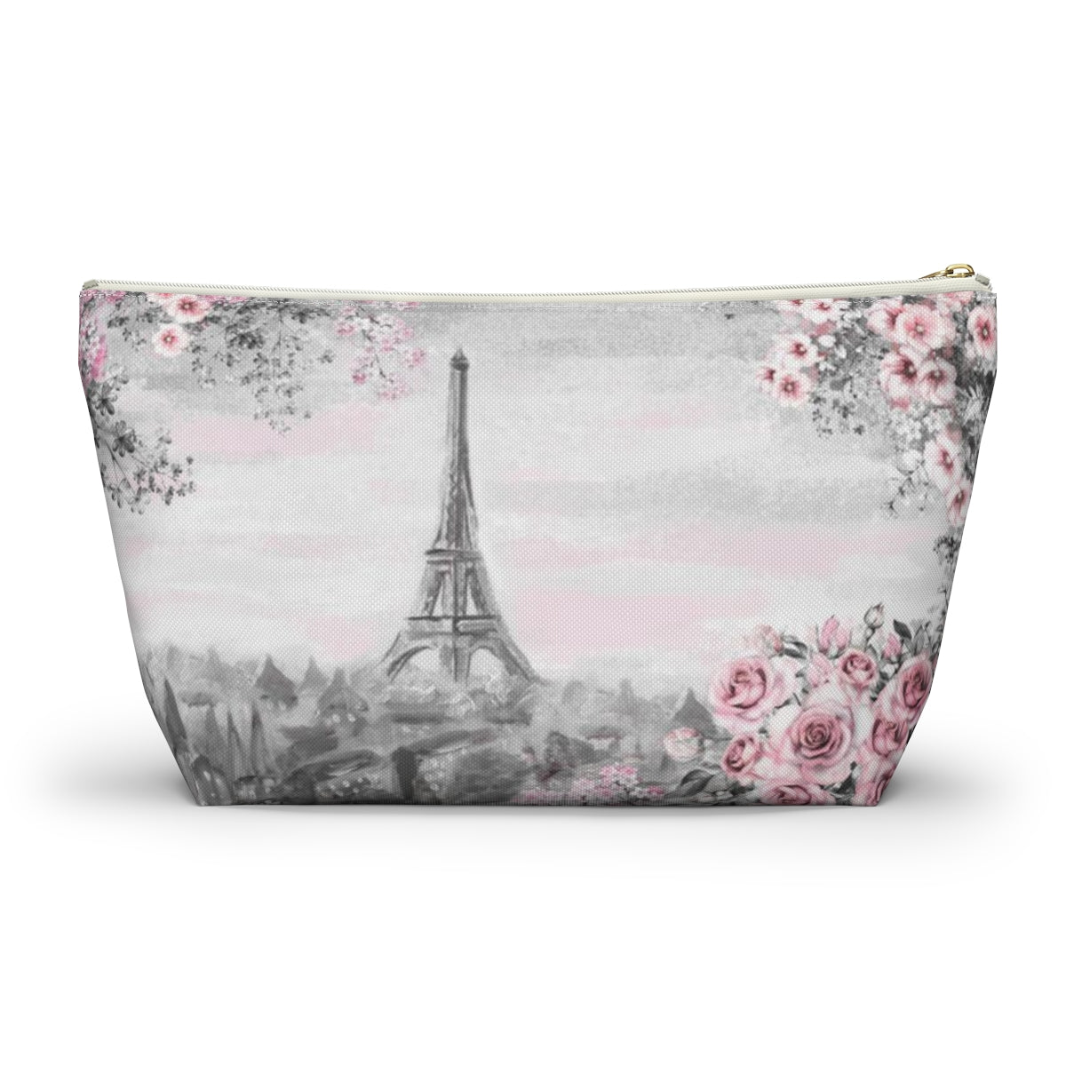 Eiffel Tower Cosmetic Pouch w T-bottom, Accessory Pouch, Pink Paris Rose