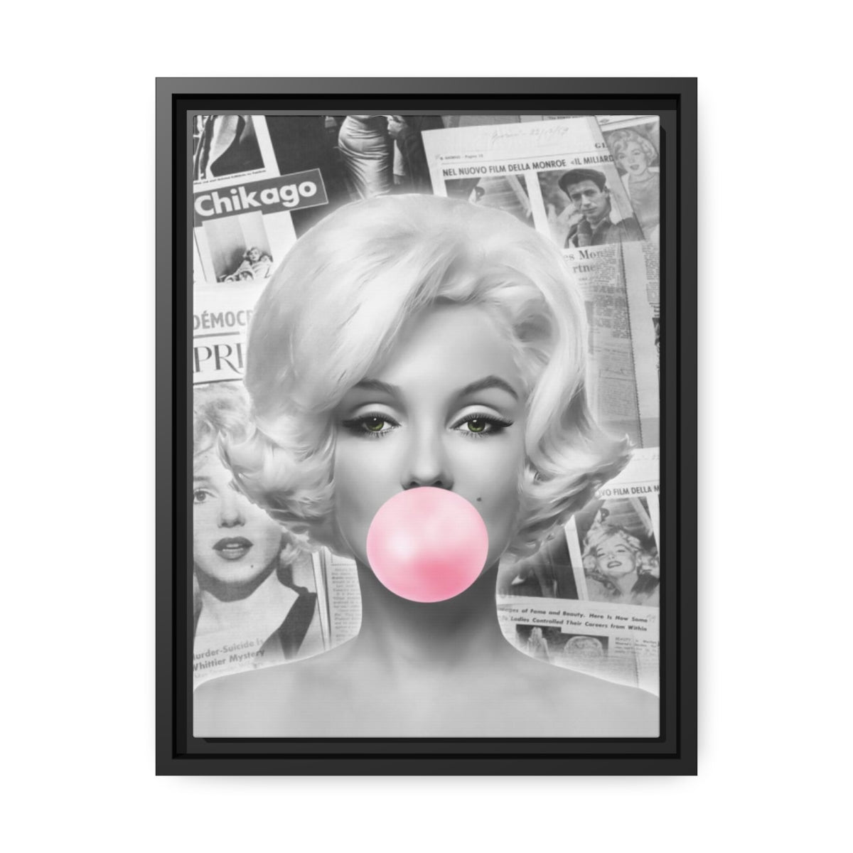 Marilyn Monroe Wall Canvas, Matte Canvas, Black Frame - International News Marilyn Bubblegum